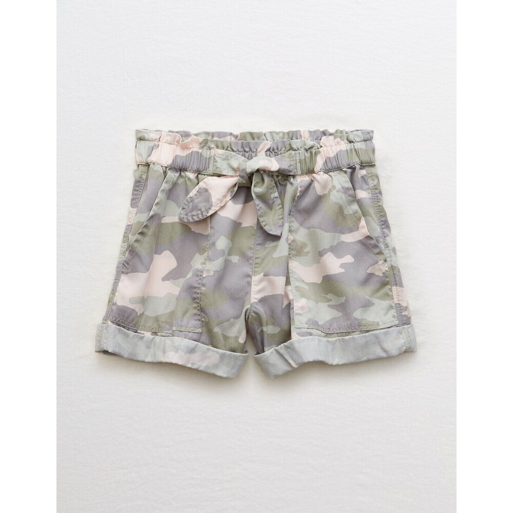 AERIE American Eagle Camp Shorts pink grey camo cuffed elastic pull on tie M
